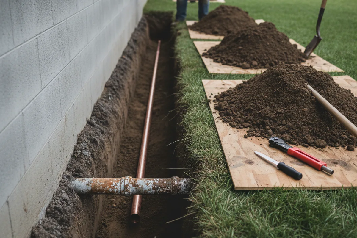 Excavated water line trench during Water Heater Repair in Apple Grove